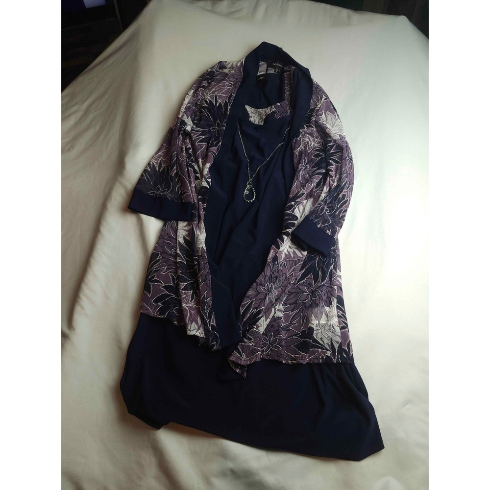 R&M Richards Navy Floral Jacket Dress Set with Necklace Size 12 Purple Silver